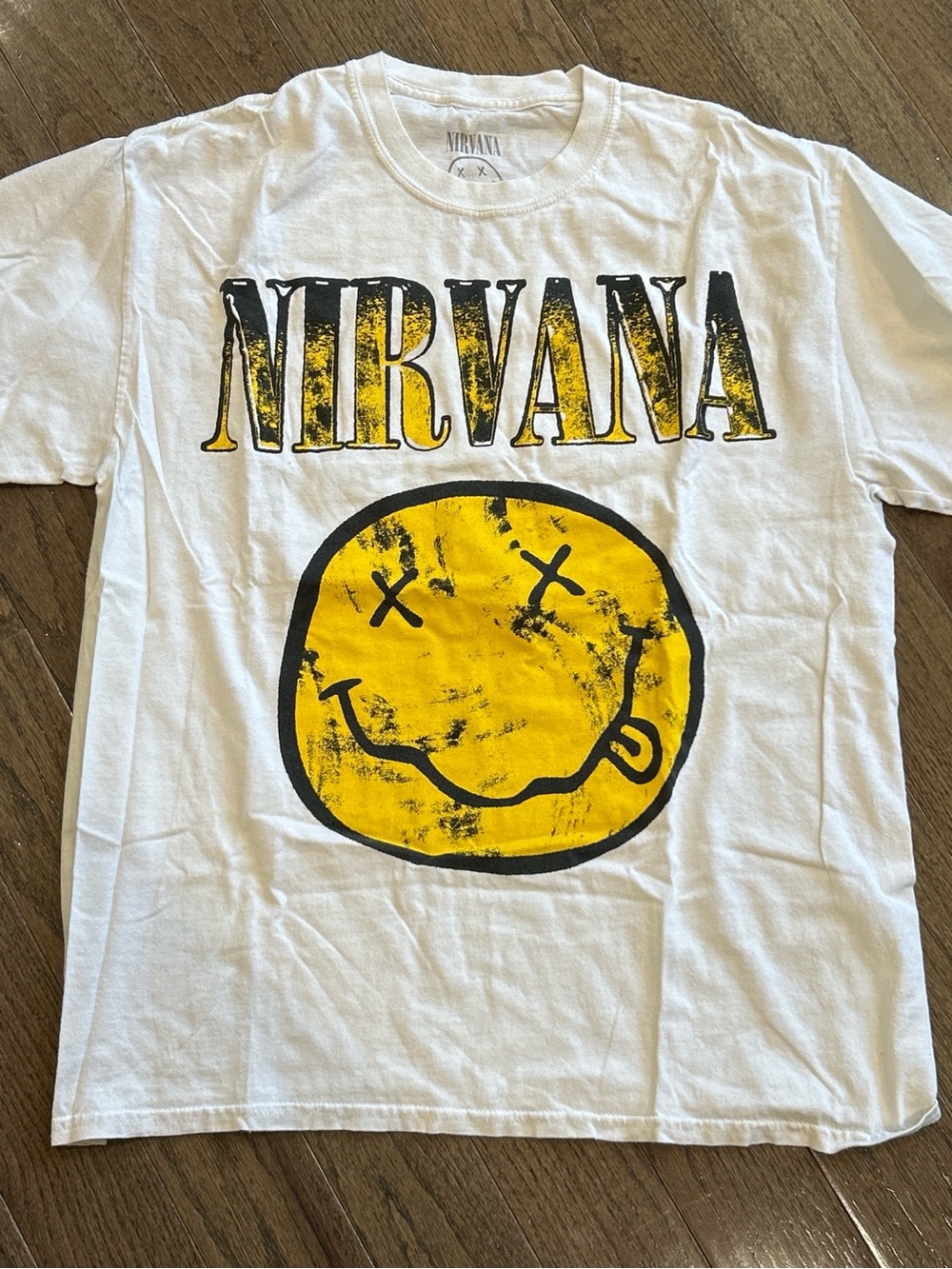 NIRVANA White Tee with Yellow & Black Smiley Graphic